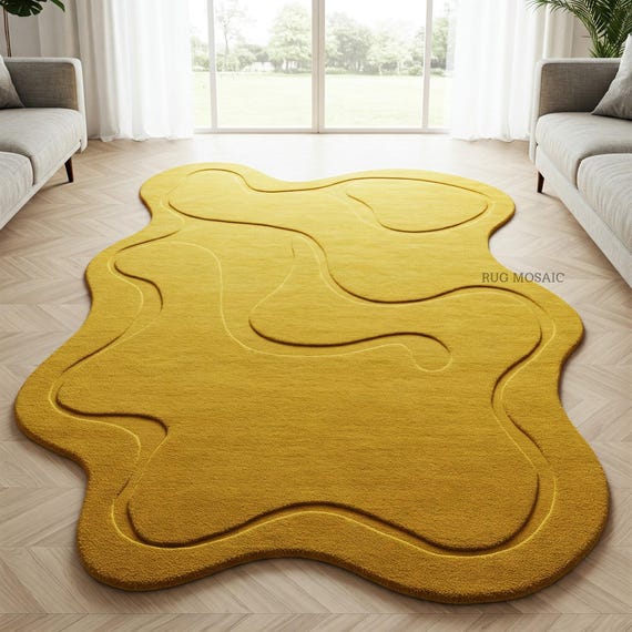 Handmade tufted rug mustard yellow Large irregular shape abstract lines area rug 5x7, 8x10, 9x12 Soft plush textured tufted rugs Bedroom