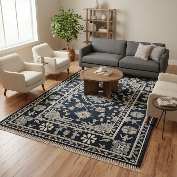 Navy Blue Ivory Oushak Wool Rug, Hand Knotted Floral Medallion Area Rugs for Bedroom