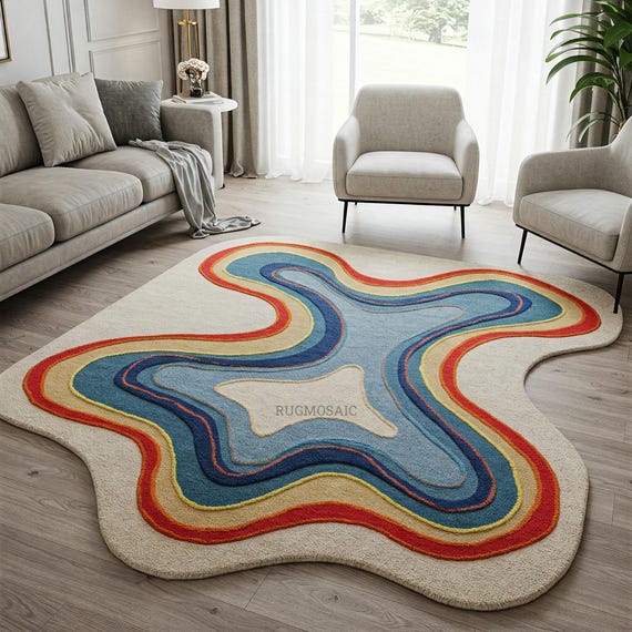 Neutral Beige Modern Colorful Irregular Amoeba Shape Hand Tufted 6x9 Kids Room Rugs, Abstract Layered Wool Area 8x10 9x12 Living Room Rug