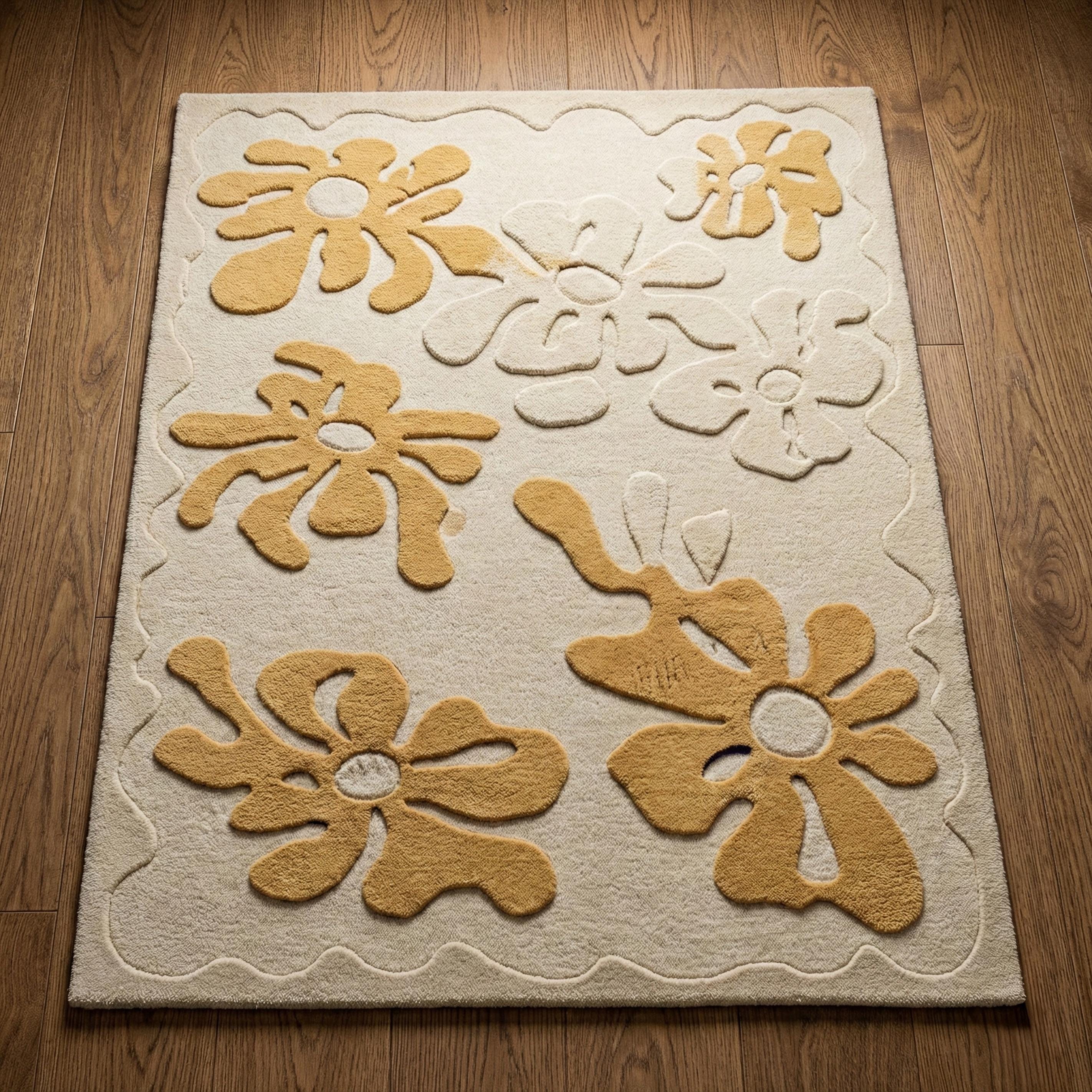 Beige Yellow Floral Tufted Wool Rug, Modern Wavy Area Rugs for Living ...