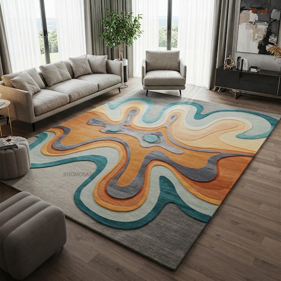 Grey Modern Irregular Orange Blue Off White Wavy Hand Tufted Living Room Rug, Abstract Layered Art Deco Design Wool Area Rug for Bedroom 6x9