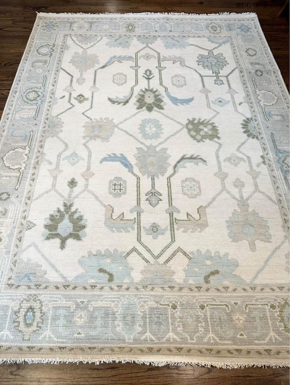 Modern Turkish Oushak Rug White off, Blue and Grey Hand Knotted Contemporary rug 5x7, , 8x10, 9x12 Handmade Rugs for Living Room, Bedroom