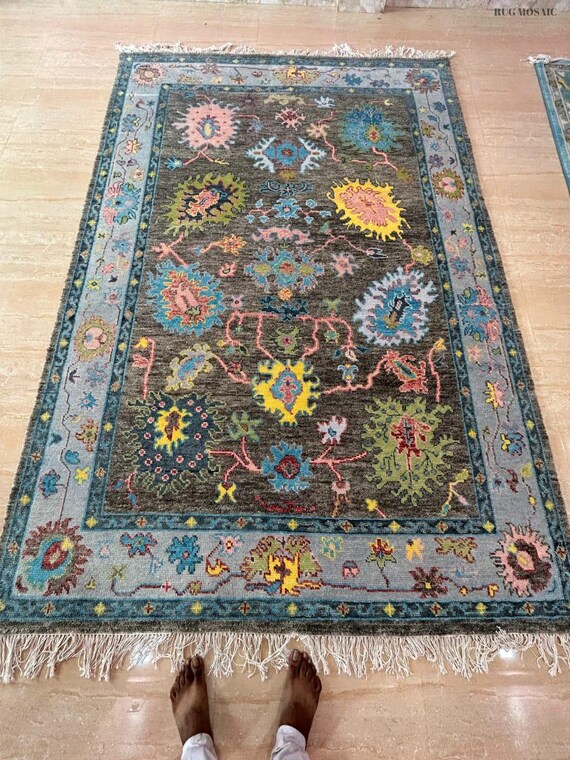 Brown Turkish Oushak Hand Knotted Yellow, Blue Floral rug 6x9, 8x10, 9x12, Handmade Rugs for Living Room, Dining Kitchen Oushak Runner Rug