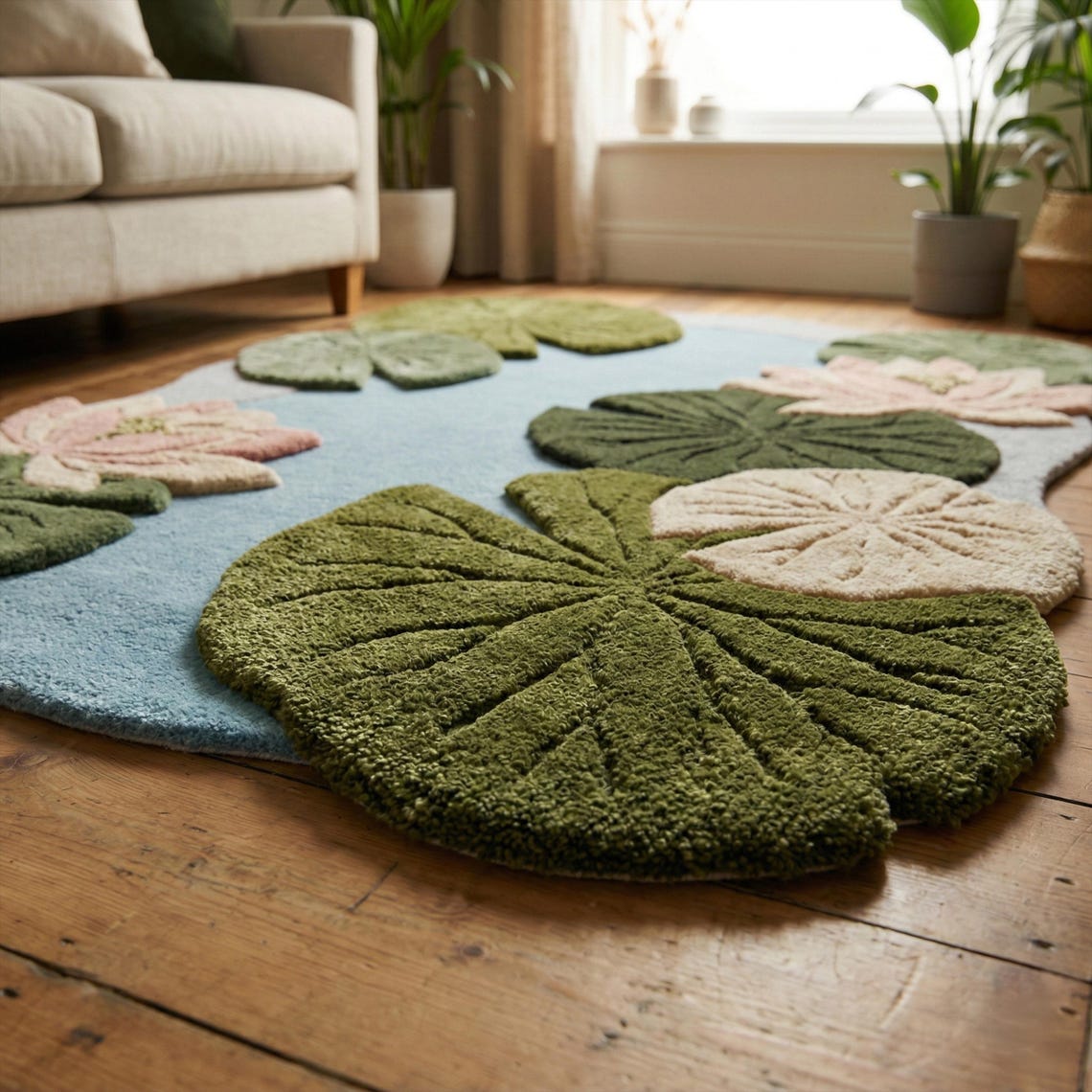 Lily Rug Moss Green Blue Lily Pad Wool Rug, Floral Hand Tufted 3D Textured Area ...