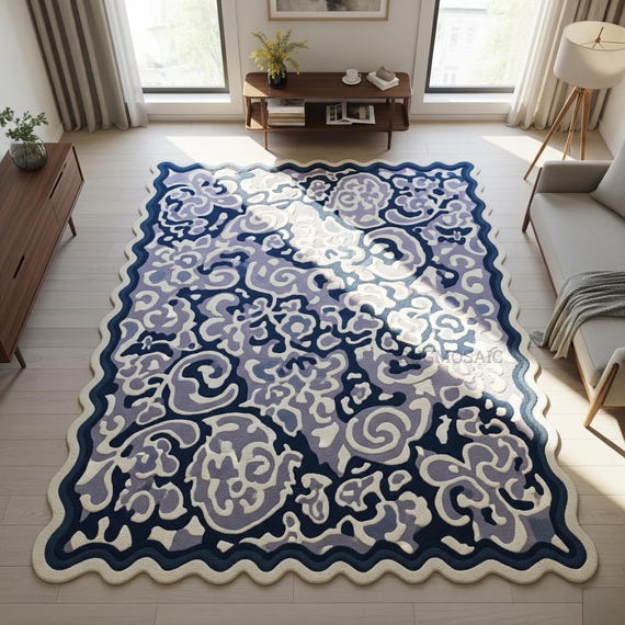 Dark Blue Soft Purple Off White Scalloped Edge Hand Tufted Organic Shaped Bedroom Rug 8x10, Modern Abstract Wool Area 9x12 Living Room Rugs