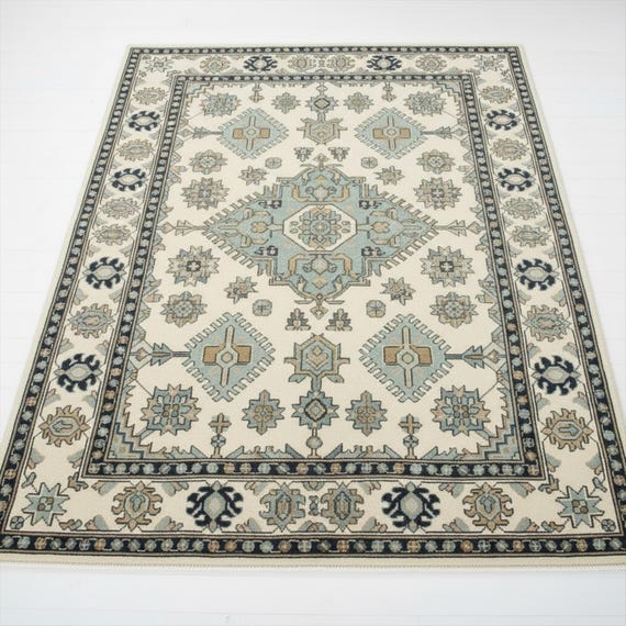 Ivory Geometric Medallion Oushak Rug, Hand Knotted Turkish Floral Wool Rug for Living Room
