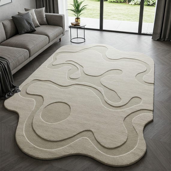 Light Beige Irregular Shape Abstract Hand Tufted Layered Textured Bedroom Area Rug, Modern Contemporary Organic Line Wool Rugs for Kids Room