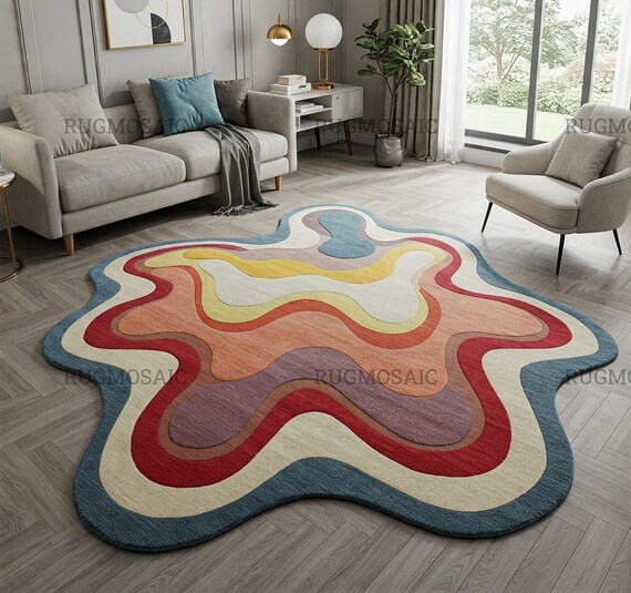 Modern Irregular Multicolor Wave Design Hand Tufted Amoeba Shape 6x9 Kids Room Rug, Abstract Unique Handmade Wool Area Rugs for Living Room