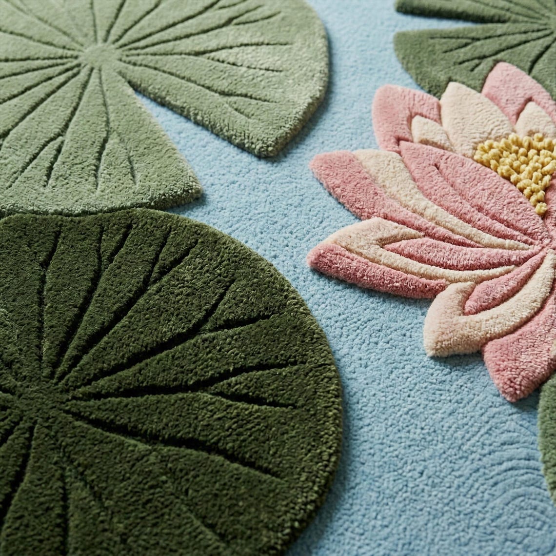 Lily Rug Moss Green Blue Lily Pad Wool Rug, Floral Hand Tufted 3D Textured Area ...
