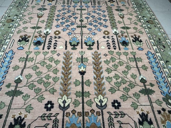 Classic Persian Oushak Rug Muted Pink, Olive Green, Blue Accent Tree of life Handmade Wool Rugs 9x12, 8x10 Area Rug for Living room, Bedroom