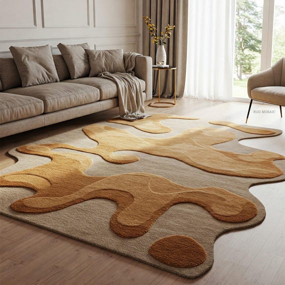 Irregular Tufted Rug Amoeba Textured Warm Gold and Natural Beige Abstract Wool Rugs for Living room Bedroom Handmade Area Carpet  8x10, 9x12