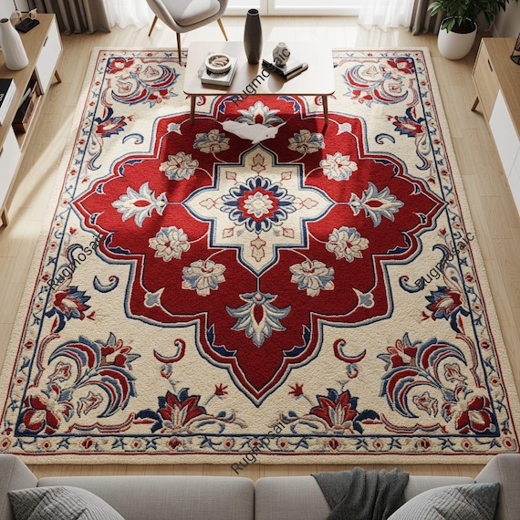 Red Light Beige Hand Tufted Floral Medallion Rugs for Bedroom, Modern Soft Durable Wool Area Living Room Rug, Custom Size Home Decor Carpets