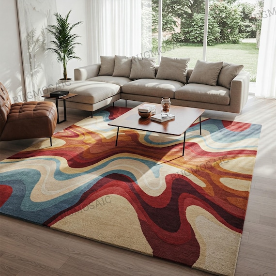 Modern Deep Red Orange Cool Blue Beige Hand Tufted Wavy Textured Living Room Rug 9x12, Abstract Handmade 6x9 8x10 Wool Area Rug for Bedroom