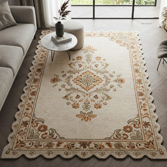 Cream Tufted  Rug Warm Orange Floral Accents Scalloped Edge Traditional Medallion Rugs for Living room, Bedroom 8x10, 9x12 Handmade Area rug