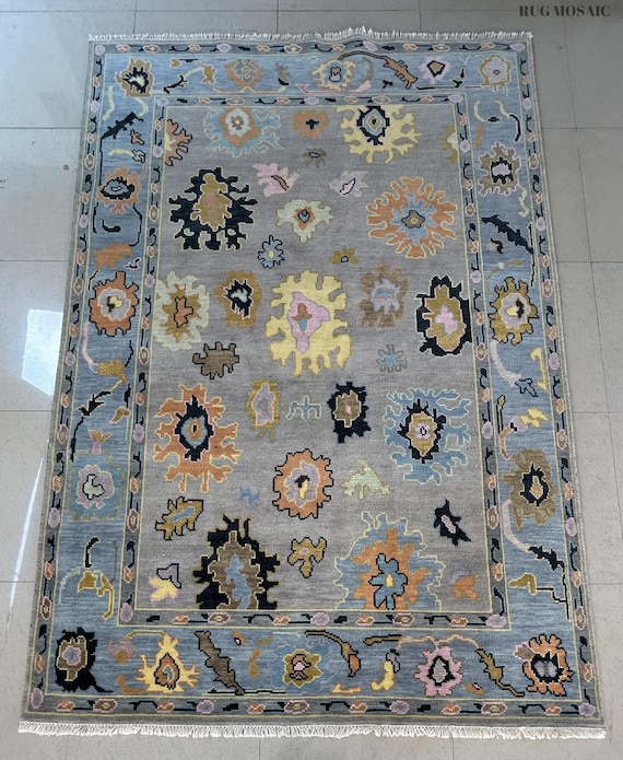 Blue Oushak rug 4x6, 5x8, 6x9, 8x10, 9x12, 10x14 ft Antique style Hand Knotted Soft Wool rugs Handmade Oriental Living Area Carpet