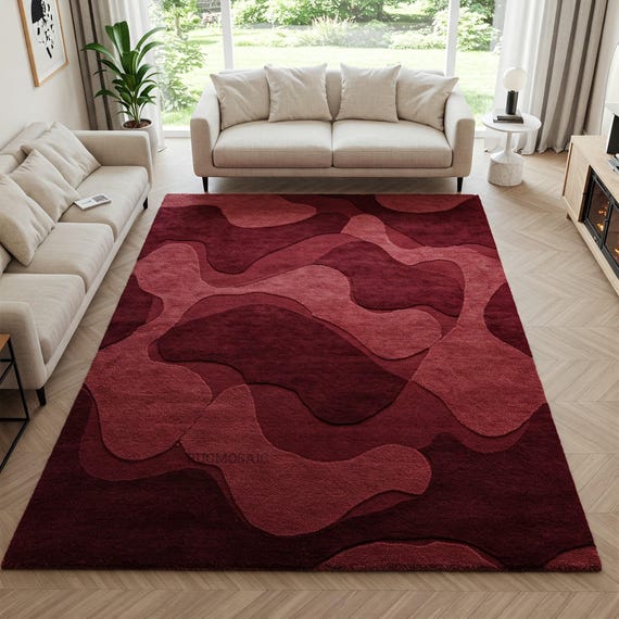 Abstract Soft Deep Red Handmade Tufted Unique Textured Wool Rug for Living Room, Modern Contemporary 8x10 Bedroom Rugs, Custom Floor Carpet