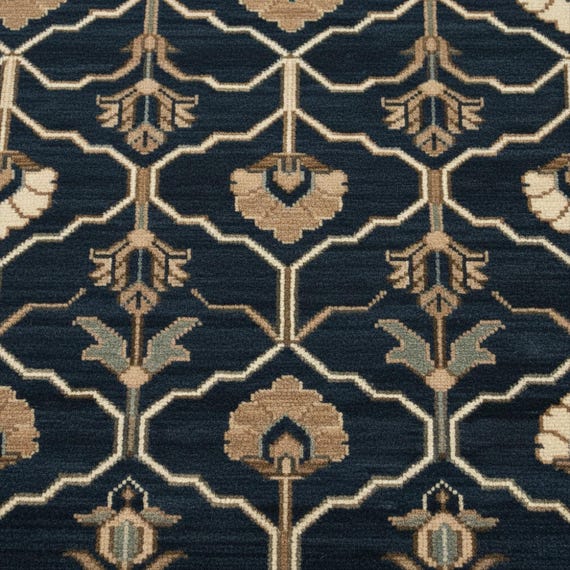 Navy Blue Ivory Floral Oushak Rug, Beige Hand Knotted Oriental Wool 8x10 Bedroom Rug