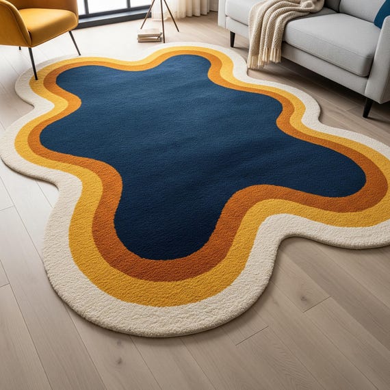 Navy Blue Hand Tufted Abstract Irregular Shaped Rug For Bedroom, 4x6, 5x8, 6x9, 7x10, 8x10 Living Room Rug, Custom Colorful DIning Area Rug