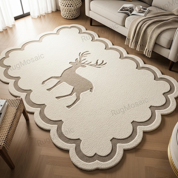 Creamy Off White Brown Deer Motif Hand Tufted Wool Area Rugs For Bedroom, Modern Scalloped Edge 8x10 Living Room Carpet, Kitchen Runner Rug