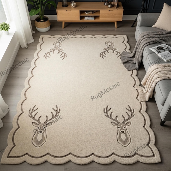 Creamy Beige Deer Head Scalloped Border Hand Tufted Wool Rug, Modern Light Brown Animal Print Custom Area Living Room Rug, Kids Room Carpet
