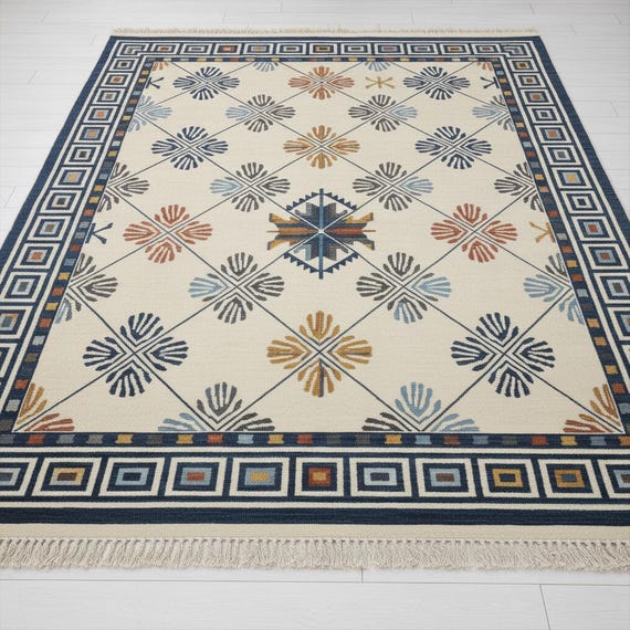 Off White Tribal Geometric Oushak Rug, Hand Knotted Turkish Wool Area Rugs for Bedroom, Modern Contemporary 8x10 Oriental Living Room Rug