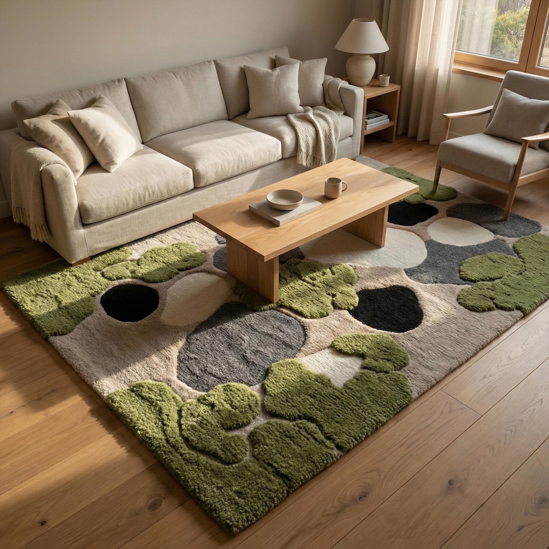 Moss Green Grey Abstract Wool Rug, Hand Tufted Stone Design Nature Area ...