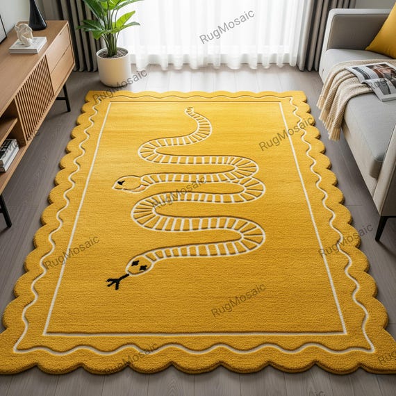 Yellow Snake Designer Hand Tufted Wavy Border Wool Rugs For Living Room, Modern Minimalist Custom Bedroom Area Carpet, Kitchen Runner Rug