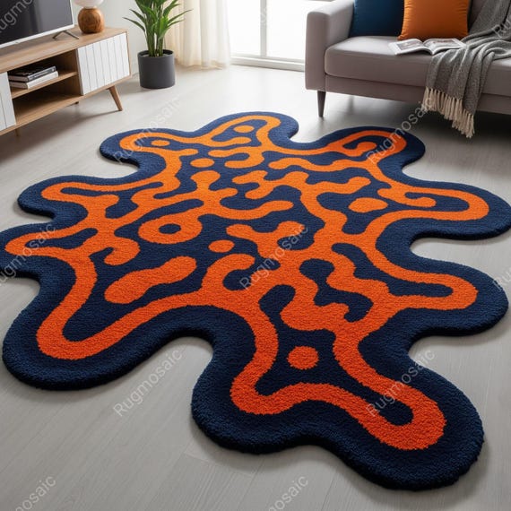 Navy Blue Burnt Orange Irregular Amoeba Shape Hand Tufted Wool Rugs for Bedroom, Modern Abstract Organic Design Custom Area Living Room Rug