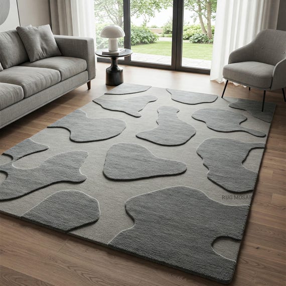 Light Dark Grey Abstract Hand Tufted Pebble Design Wool Area Rugs for Living Room, 9x12 Modern Contemporary 3d Textured Custom Bedroom Rug