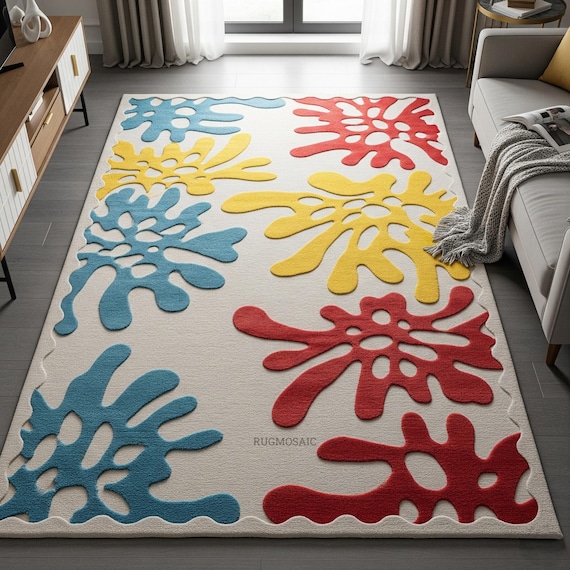 Abstract Off White Wavy Design Hand Tufted Red Blue Yellow Organic Shaped Living Room Rug, Modern 5x7 6x9 8x10 Wool Area Unique Bedroom Rugs
