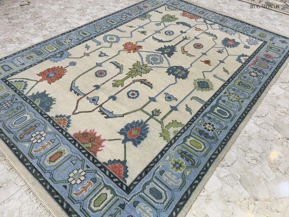 Modern Turkish Oushak Hand Knotted Blue Border with Ivory Contemporary rug 4x6, 5x8, 6x9, 8x10, 9x12 Handmade Rugs for Living Room