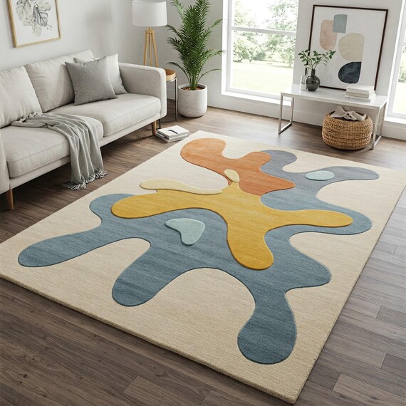 Modern tufted Cream and Multi color block wool rug organic abstract tufted rugs for living room 8x10, 9x12 Unique sculptural rug Bedroom