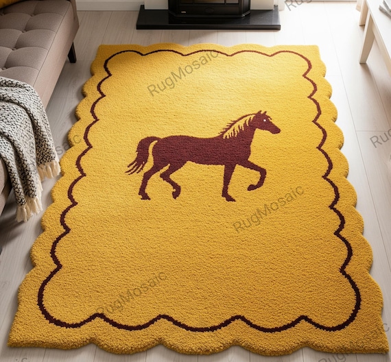 Mustard Yellow Dark Brown Horse Hand Tufte Wool Rug For Bedroom, Modern Scalloped Border 8x10 6x9 Living Room Rug, Animal Custom Design Rug