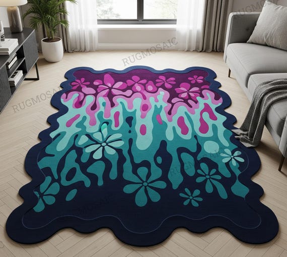 Deep Navy Blue Irregular Modern Melting Design Hand Tufted Floral Wool Rug for Living Room, Abstract Teal Pink Purple Accent Custom Area Rug