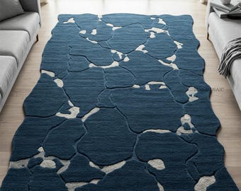 Navy Blue Abstract Wool Rug, Hand Tufted Wavy Area Rugs for Living Room