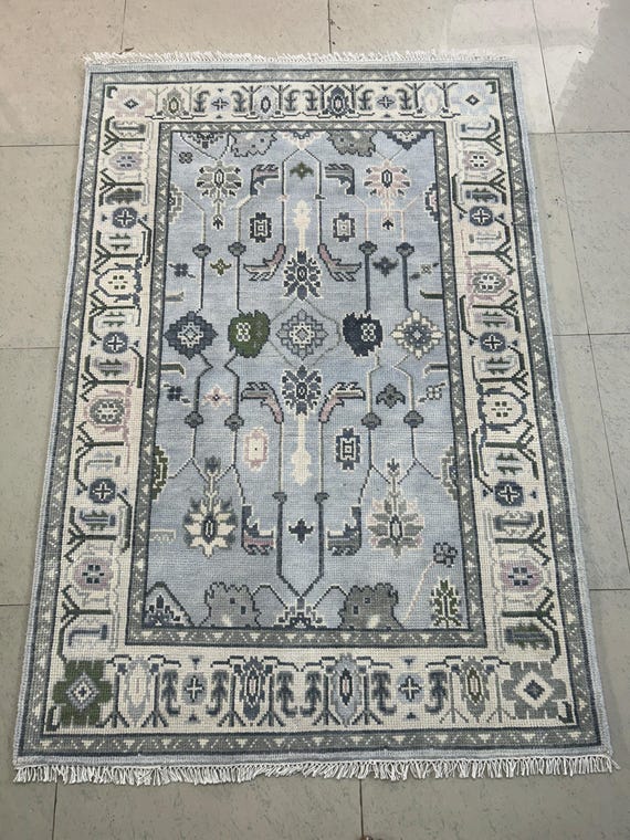 Modern Oushak Rug Light blue/gray, Muted tones Hand-Knotted Floral Oushak Wool Rugs for Living room 8x10, 9x12, 10x14 Handmade Area Carpet