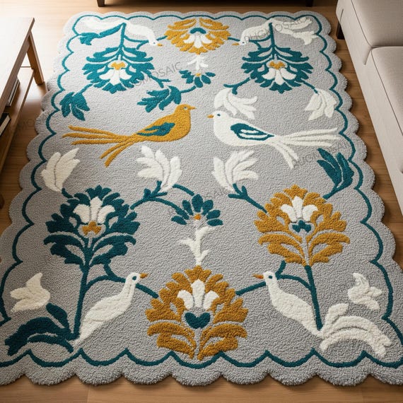 Gray Scalloped Hand Tufted Bird Floral Wool Rug, Modern Colorful Folk Art 8x10 Area Rugs for Living Room, Unique Handmade Custom Bedroom Rug