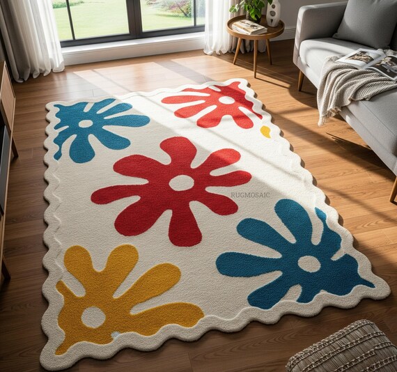 Scalloped Edge Off White Hand Tufted Red Blue Yellow Floral Custom Wool Rug, Modern Colorful Organic Shape 6x9 8x10 Handmade Living Room Rug