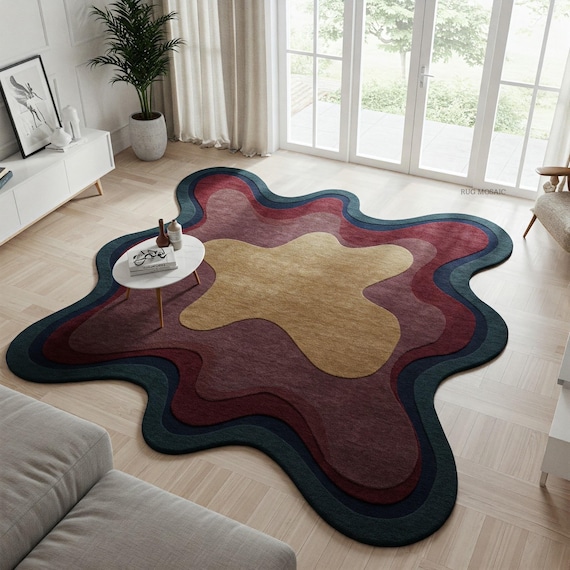 Modern Hand-tufted Navy red and tan irregular rug for living room Unique shape Large wavy abstract area rug 8x10, 9x12 Tufted wool carpet