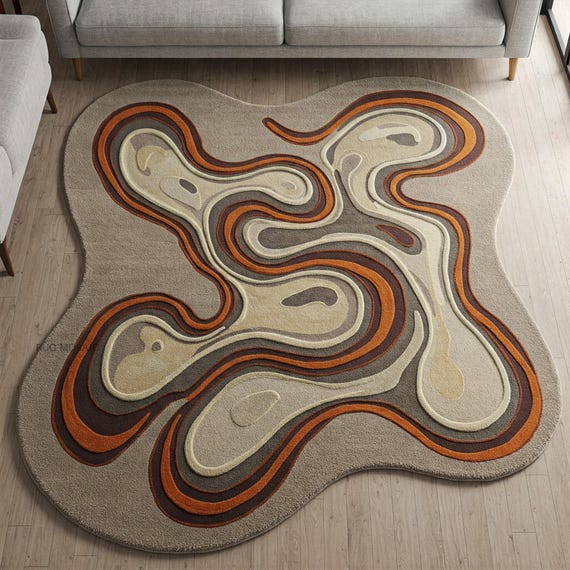 Hand Tufted Neutral Grey Orange accents Irregular Abstract Organic Lines Rug Contemporary Modern Rugs for Bedroom 8x10 Living room Carpet