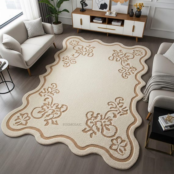 Scalloped Cream Light Brown Floral Hand Tufted Irregular Wool Rugs for Living Room Modern Scroll Design Unique Texture Bedroom Area Carpet