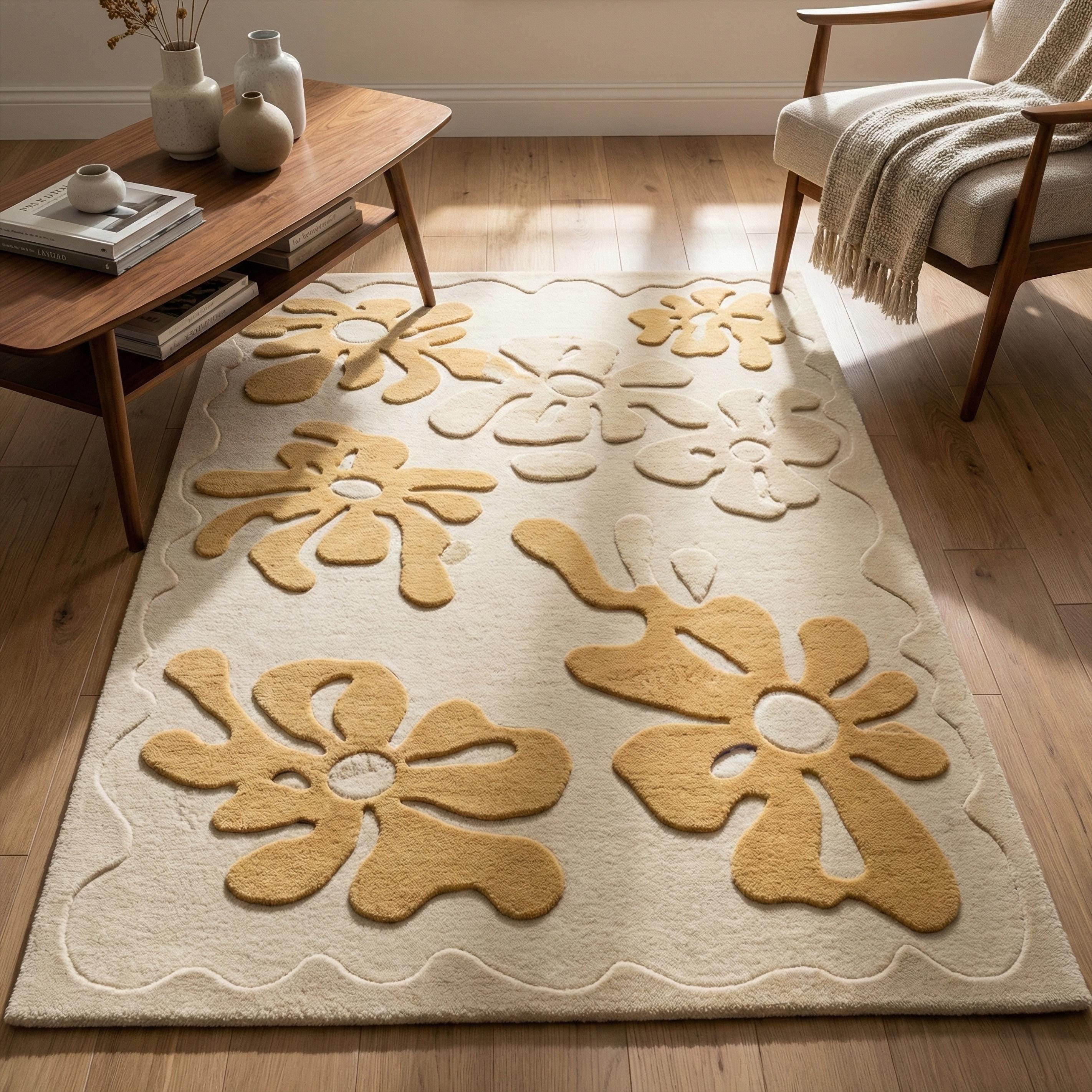 Beige Yellow Floral Tufted Wool Rug, Modern Wavy Area Rugs for Living ...