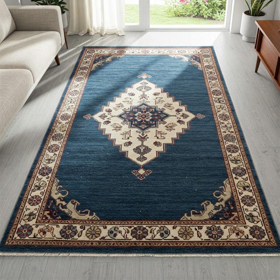 Traditional Floral Border Oushak Rug Hand Knotted Teal and Cream Rug Diamond Medallion Large Area Wool Rugs for Living Room 5x7 8x10, 9x12