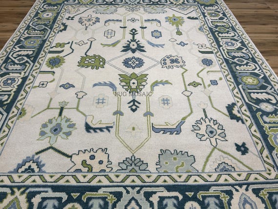 Ivory Modern Oushak Hand Knotted Colorful Floral Medallion Wool 8x10 Bedroom Rug, 5x8 Handmade Teal Blue Olive Green Accent Turkish Area Rug