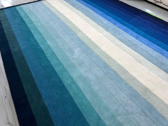 Hand Tufted Blue Stripes Multi Color Wool Tufted Rugs for Living Room Bedroom Kitchen 8x10 Large Area Rug