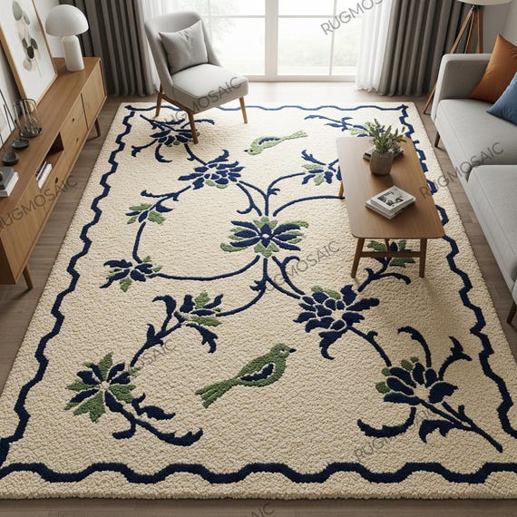 Ivory Hand Tufted Floral Wool Rug, Modern Navy Blue Green Bird Flower Rugs, Eco Friendly Bedroom Area Carpet, Custom Indoor Living Room Rugs