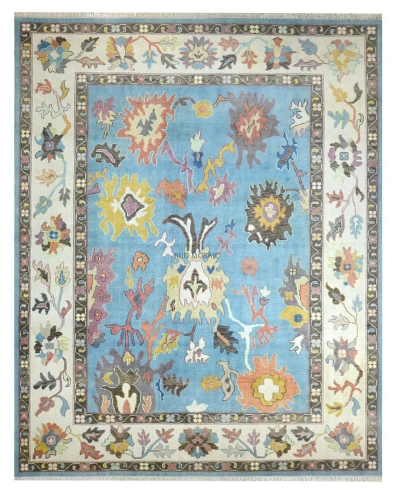 Light Blue Modern Oushak Rug Floral Geometric Patterns Handmade Wool Rugs for Living room, Bedroom Area Rug 5x7, 6x9, 8x10, 9x12, 10x14