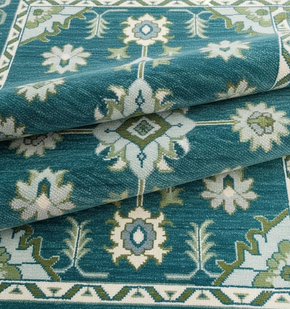 Dark Teal Oushak Wool Rugs, Hand Knotted Floral Medallion 8x10 Living Room Rug, Traditional Sage Green Accent Low Pile Bedroom Area Carpet