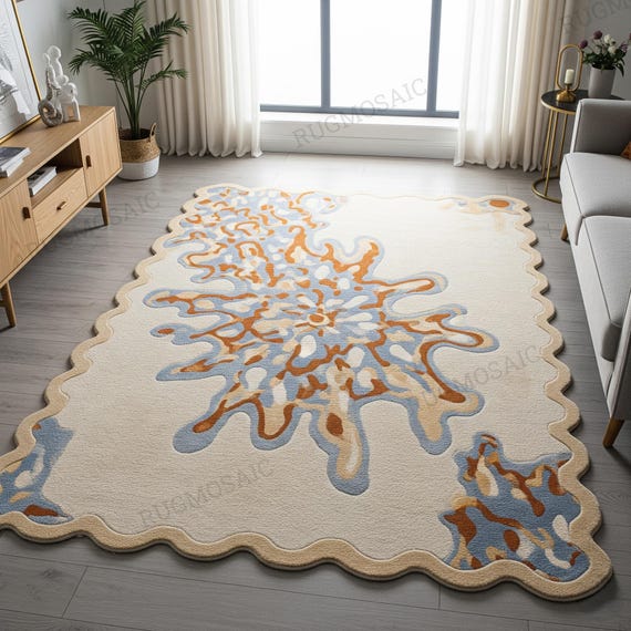 Modern Abstract Off White Wavy Edge Hand Tufted Organic Shape Living Room Rug, Handmade Blue Beige Orange Accent Wool Area Rugs for Bedroom