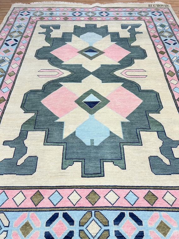 Modern Oushak rug Beige and Pink 8x10/9X12/10x14 Turkish knot rug Hand-knotted Antique Oushak Wool Area Rugs for Living Room, Dining room